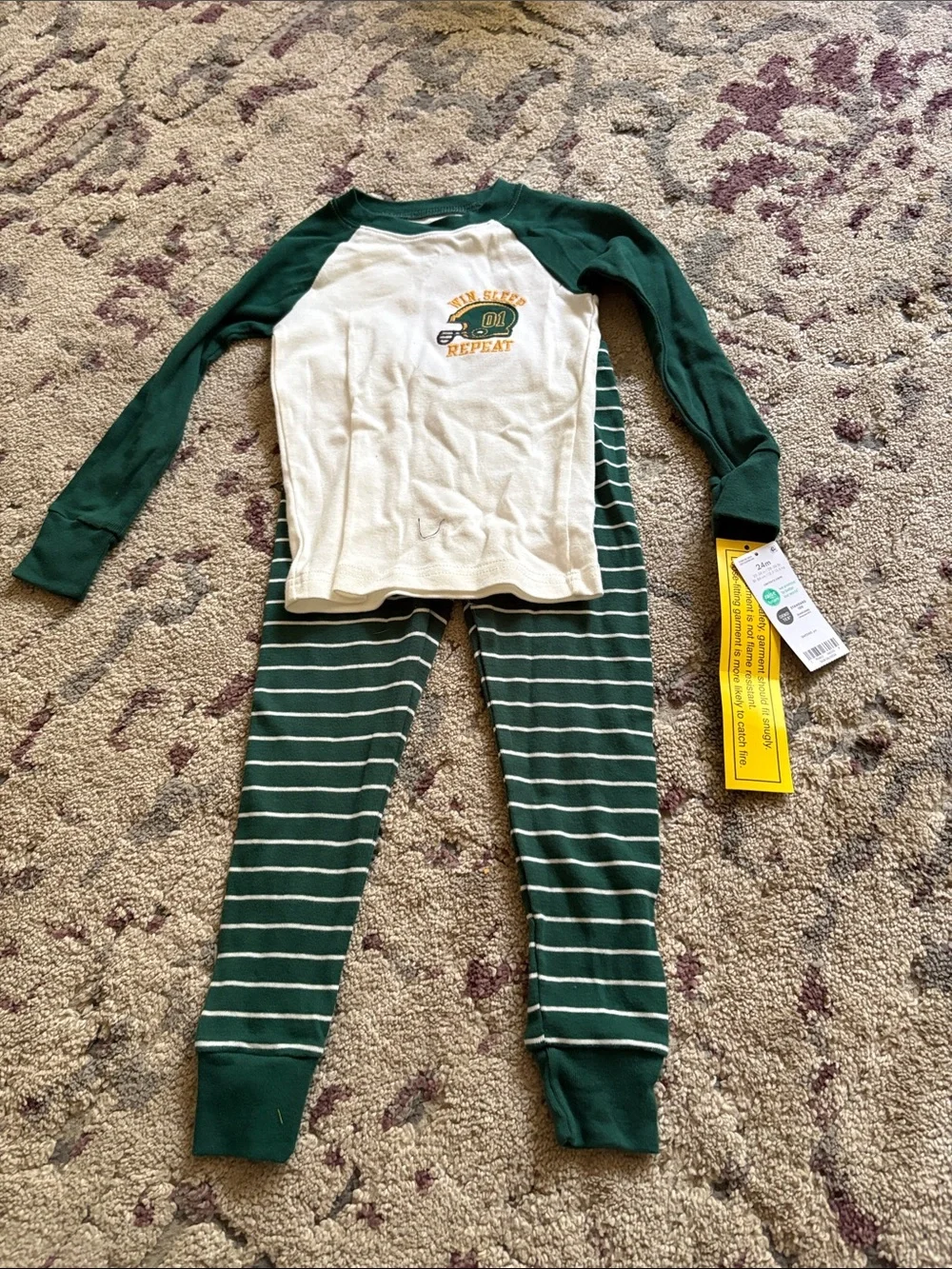 Kids Green & White Raglan Pajama Set - Cozy Long Sleeve Top & Striped Pants